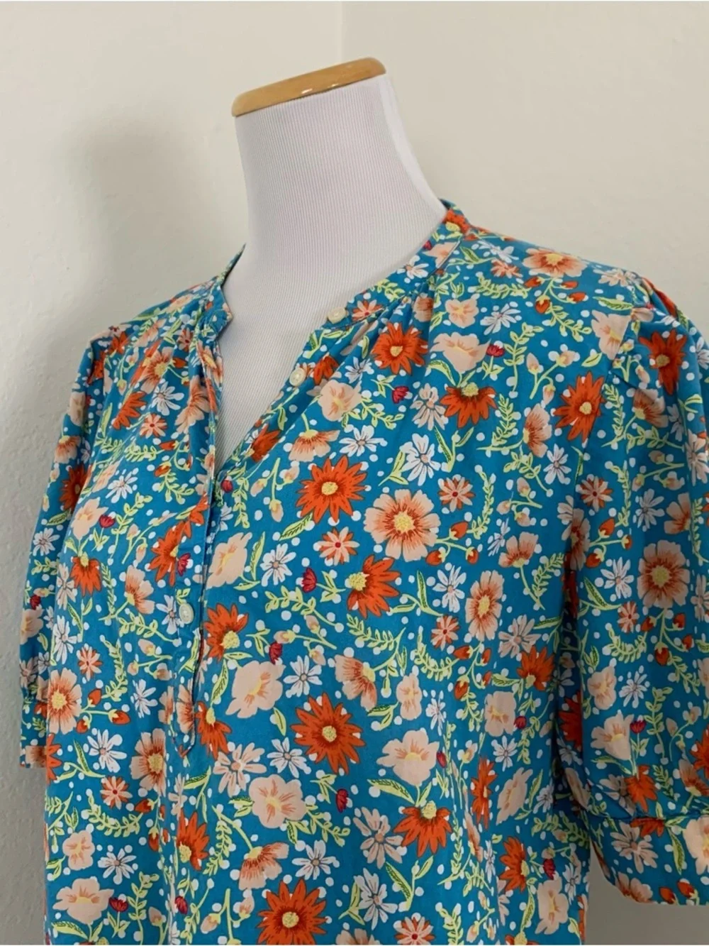 Loft Outlet Floral Puff Sleeve Top Womens M V Neck Button Popover Cotton